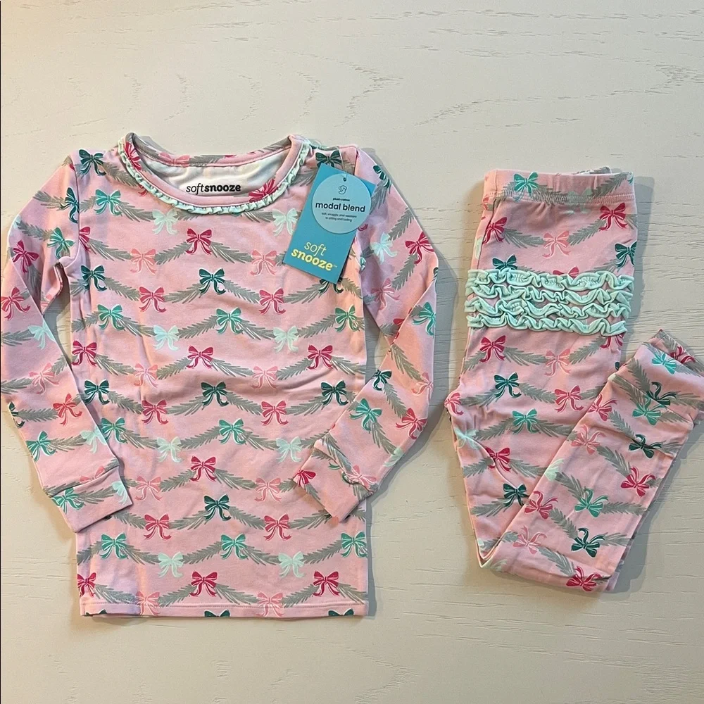 Rufflebutts Charming Pink Bow Print Kids Pajama Set 18-24 months 3T 4T